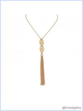 Y Lariat Long Chain Necklace Textured Disc Tassel Pendant Adjustable